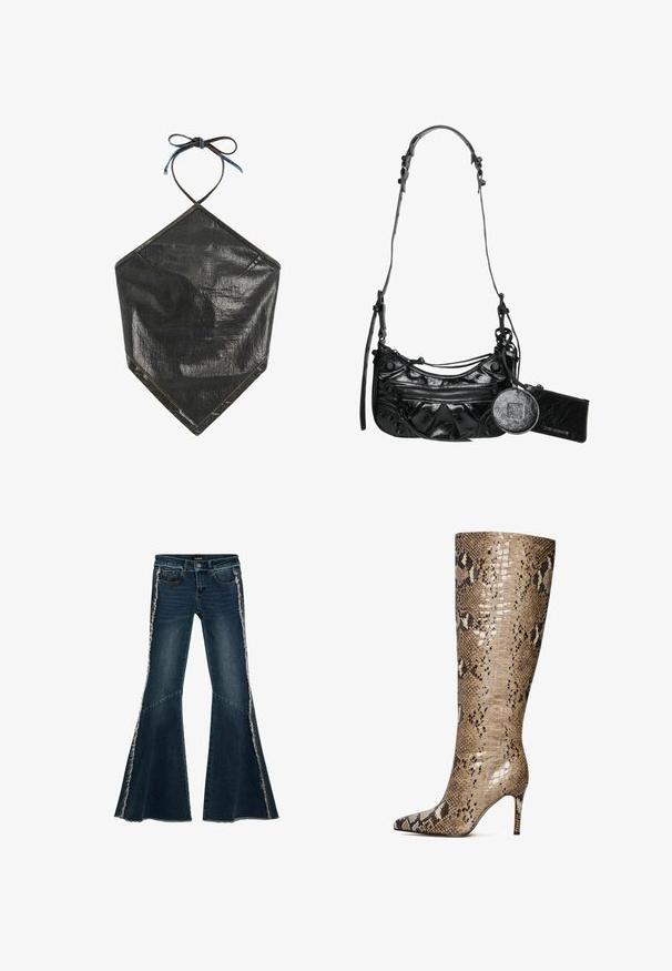 Sort skinnende haltertop med trekantet form, bundet ved halsen med tynde stropper, med synlige syninger langs kanterne.; Mørkeblå denim flare jeans med et slidt sidepanel med flossede kanter, skrå sømme og dekorative syninger nær lommerne.; Knæhøje stiletto støvler lavet af blankt læder med slangeskinds mønster i beige, brun og creme farver, med spidse tæer og 3-tommer hæl.; Sort syntetisk læder håndtaske med en buet design, lynlåslomme foran og dekorativ hardware med en aftagelig rund møntpung.