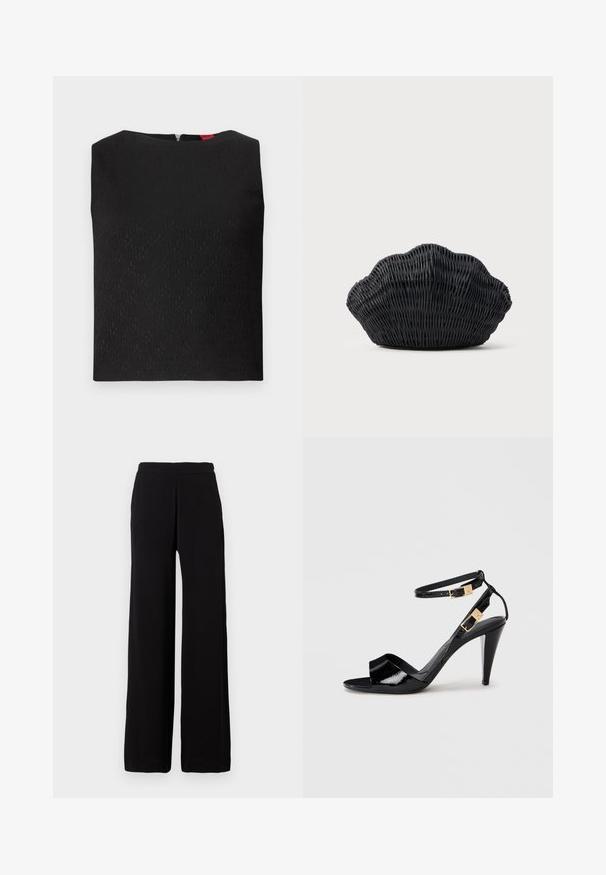 Haut sans manches noir avec un motif texturé, encolure carrée et fermeture éclair au dos. Présente des accents de logo subtilement intégrés dans le tissu.; Pantalon noir à jambes larges en tissu doux avec une taille élastique, présentant un design épuré sans motifs ni accents visibles.; Sandale à talon haut en cuir verni noir avec double bride de cheville et boucles dorées, bout ouvert, et talon effilé sur fond neutre.; Sac à main en osier noir en forme de coquille Saint-Jacques avec un dessus courbé et une texture tressée sur un fond uni.