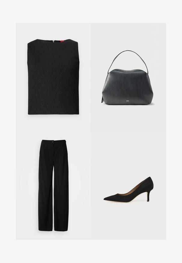 Haut sans manches noir avec un motif texturé, encolure carrée et fermeture éclair au dos. Présente des accents de logo subtilement intégrés dans le tissu.; Pantalons large en noir avec un tissu tissé lisse ; dotés d'une fermeture à bouton et d'un design plissé pour une silhouette structurée.; Escarpin en daim noir à bout pointu avec un talon stiletto fin de hauteur moyenne et un design à coupe basse sur un fond uni.; Sac à main en cuir noir avec une seule bandoulière et un petit logo doré "BOSS" à l'avant, sur un fond gris clair uni.