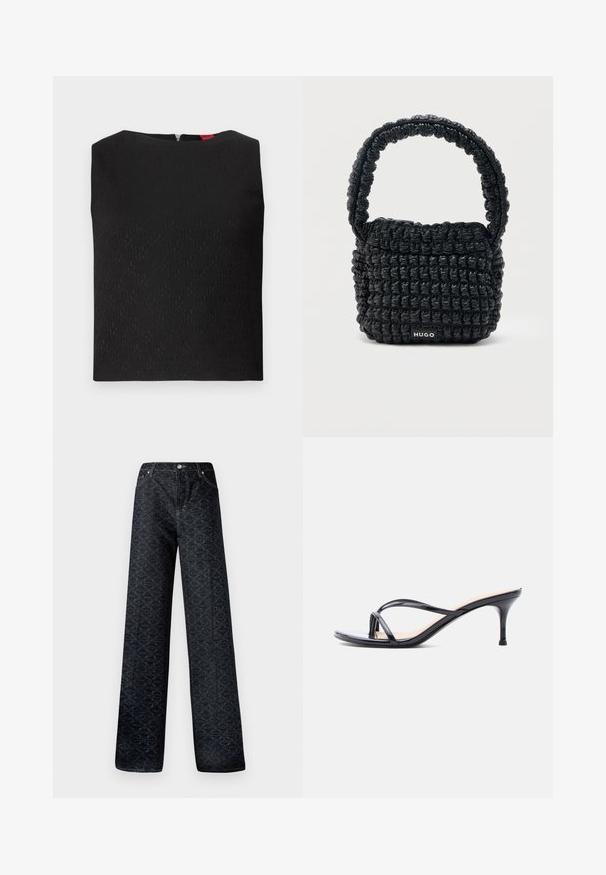 Schwarzes ärmelloses Top mit strukturiertem Muster, quadratischem Ausschnitt und einem Reißverschluss im Rücken. Merkmale von Logo- Akzenten, die subtil in den Stoff eingewebt sind.; Dunkelblaue, weite Jeans mit geometrischem Muster, aus Denim gefertigt. Mit Metallknopf, Reißverschluss und Kettelung der vorderen Taschen.; Schwarze Peeptoe-Sandale aus Lackleder mit dünnen, gekreuzten Riemen und einem schlanken, mittelhohen Stilettoabsatz vor weißem Hintergrund.; Kleine schwarze gesteppte Handtasche mit kurzem, gepolstertem Henkel und "HUGO"-Label auf der Vorderseite, vor einem schlichten hellen Hintergrund präsentiert.