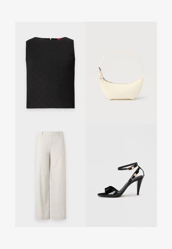 Haut sans manches noir avec un motif texturé, encolure carrée et fermeture éclair au dos. Présente des accents de logo subtilement intégrés dans le tissu.; Pantalon beige taille haute à coupe droite, avec passants de ceinture et une fermeture avant dissimulée, sur un fond uni.; Sandale à talon haut en cuir verni noir avec double bride de cheville et boucles dorées, bout ouvert, et talon effilé sur fond neutre.; Petit sac à main en cuir crème en forme de croissant avec une seule bandoulière et une fermeture éclair supérieure sur un fond uni.