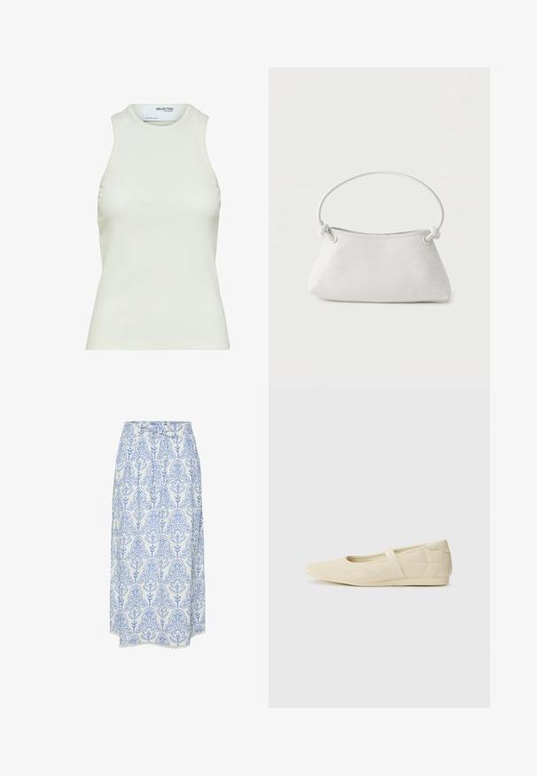 Valge varrukateta soonikkoes tank-top ümmarguse kaelusega Selected Femme'i poolt, eesmine vaade ilma mustrite või kaunistusteta.; Valge seelik sinise lillemustriga, millel on voldid ja pitsäär. Valmistatud kergest kangast, seotava vöökohtadega.; Beezid balletikingid, millel on sujuv nahast välimus, mandli kujuline nina ja elastne rihm üle jala, millel on peened õmblustavad detailid.; Valge punutud nahast käekott ümarate sangade ja sõlmitud sangade otstega, eksponeeritud tavalise tausta ees.