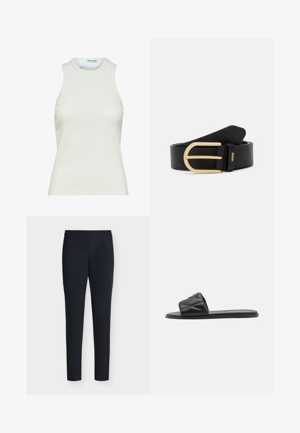 Camiseta sin mangas blanca acanalada con escote redondo de Selected Femme, mostrando vista frontal sin patrones ni decoraciones.; Pantalones negros ajustados hasta el tobillo con cintura cosida y sin bolsillos visibles, mostrados sobre un fondo claro y sencillo.; Sandalia deslizante negra acolchada con suela plana, que presenta un acento dorado en la correa. Fabricada con material sintético de textura suave.; Cinturón de cuero negro con hebilla de metal dorado brillante, textura suave y un acento de marca con "HUGO" en la presilla.