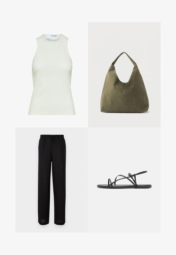 Ærmeløs hvid ribbet tanktop med rund halsudskæring fra Selected Femme, viser frontvisning uden mønstre eller dekorationer.; Sort bukser med løs pasform, elastisk linning og snøre, med lige ben, velegnet til afslappet brug.; Sorte flade sandaler med tynde, krydsende remme, åben tådesign og en minimalistsk sål. Har et lille spænde detaljer til justering.; Olivengrøn skuldertaske i blødt læder med en bred, enkelt strop og en afslappet, ustruktureret form på en lys baggrund.