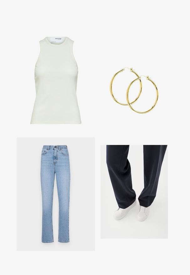 Ærmeløs hvid ribbet tanktop med rund halsudskæring fra Selected Femme, viser frontvisning uden mønstre eller dekorationer.; Lys blå denim jeans med lige bendesign, høj talje og klassisk fem-lomme stil. Har en glat tekstur og subtilt slid.; Hvide sneakers med teksturerede gummisåler og flade snørebånd, kombineret med mørkeblå bukser i løs, glat stof og skræddersyet pasform.; Guldøreringe i hoop-stil med en glat, skinnende overflade og en sikker låsemekanisme. Cirkulært design uden yderligere pynt eller mønstre.