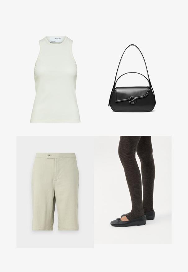 Débardeur blanc sans manches côtelé avec encolure ronde de Selected Femme, vue de face sans motifs ni décorations.; Shorts gris clair en tissu doux. Dotés d'une fermeture à bouton, de poches latérales et d'une coupe droite.; Jambes portant des leggings côtelés foncés associés à des ballerines noires avec de petits détails en nœud sur fond blanc.; Sac à bandoulière en cuir noir avec un rabat incurvé fermé par un fermoir métallique rond et une sangle fine et ajustable.
