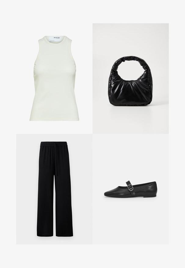 Ærmeløs hvid ribbet tanktop med rund halsudskæring fra Selected Femme, viser frontvisning uden mønstre eller dekorationer.; Sorte vide benbukser med elastisk talje og justerbar snor. Glat stof uden synlige mønstre eller accenter.; Sorte læder flade sko med rund tå, et enkelt justerbart spænde og en glat, blank overflade. Minimalistisk design med en lav hæl.; Sort polstret håndtaske med et rundt håndtag, der har en glat, skinnende overflade og en blød, kviltet tekstur. Ingen synlige hardware eller accenter.