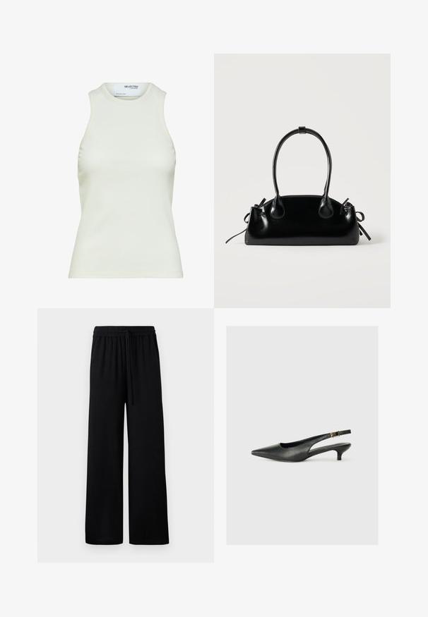 Camiseta sin mangas blanca acanalada con escote redondo de Selected Femme, mostrando vista frontal sin patrones ni decoraciones.; Pantalones anchos negros con cintura elástica y cordón ajustable. Tejido suave sin patrones ni acentos visibles.; Zapato de tacón slingback negro de punta afilada, hecho de cuero suave. Presenta un tacón delgado y un detalle de hebilla en la correa ajustable.; Pequeño bolso negro brillante con dos asas largas y detalles de cordón lateral sobre un fondo claro liso.