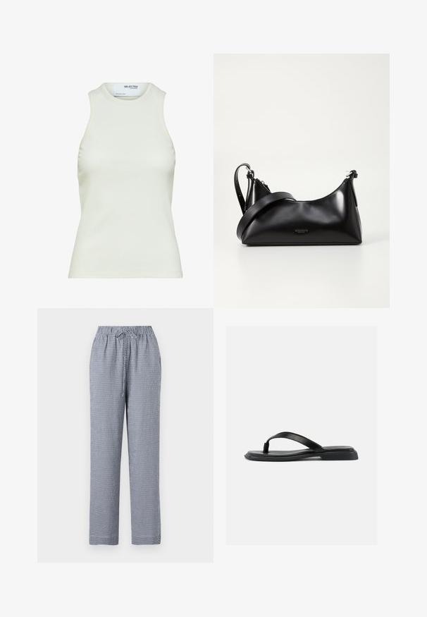 Ærmeløs hvid ribbet tanktop med rund halsudskæring fra Selected Femme, viser frontvisning uden mønstre eller dekorationer.; Rute blå og hvide bukser med elastisk talje og snoretræk, der har en lige ben-design og letvægtsstof.; Sort flad thong-sandal med tekstureret rem og let forhøjet hæl, vist i sideprofil mod en ensartet lys baggrund.; Sort læderhåndtaske med en glat tekstur. Har en justerbar stropp og et enkelt, minimalistisk design med lynlås.