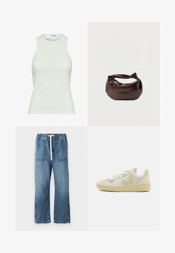 Ærmeløs hvid ribbet tanktop med rund halsudskæring fra Selected Femme, viser frontvisning uden mønstre eller dekorationer.; Blå denimbukser med elastisk talje og hvid snøre. Har to forlommer og en bred bendesign med en glat tekstur.; Beige low-top sneakers med en glat læderoverdel, perforeret tå for åndbarhed og matchende gummisål. Har et V-logo på siden.; Mørkebrun læder skuldertaske med en blød, afslappet form og et snoet knudehåndtag på en ensartet hvid baggrund.