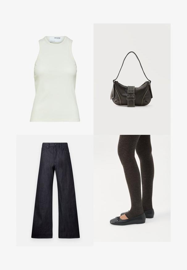 Valge varrukateta soonikkoes tank-top ümmarguse kaelusega Selected Femme'i poolt, eesmine vaade ilma mustrite või kaunistusteta.; Laiad tume denim püksid, millel on sile tekstuur, traditsiooniline viie tasku disain ja kerge läige ning nööbiga sulgemine.; Jalad seljas tumedad soonelises soonelises kombines mustade baleriinadega, millel on väikesed paelade detailid valgel taustal.; Mustast nahast õlakott pandlanööriga detailiga, kõverate servade ja kontrastse valge õmblusega tavalise tausta peal.