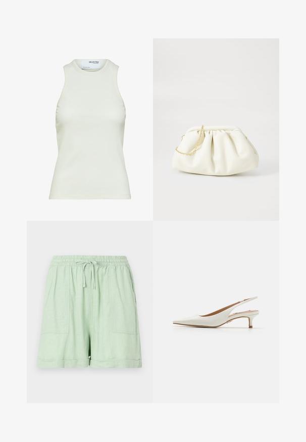 Camiseta sin mangas blanca acanalada con escote redondo de Selected Femme, mostrando vista frontal sin patrones ni decoraciones.; Pantalones cortos de mezcla de lino en verde claro, con una cintura elástica, cierre de cordón y dos bolsillos frontales; presenta un detalle de dobladillo enrollado.; Steve Madden KARI - Tacones - white; Bolso de mano de cuero blanco con un diseño recogido, cuenta con una cadena dorada y forma redondeada. Textura suave con pliegues suaves y sin patrones.