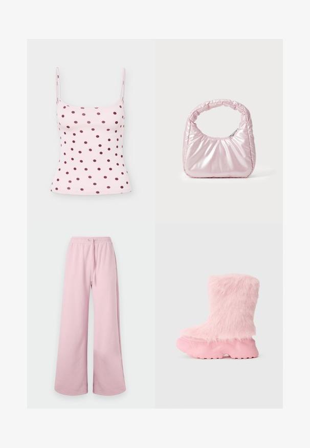 Lichtroze camisolet met dunne bandjes en donkerpaarse polkadots gelijkmatig verspreid over de stof.; Lichtroze wijde broek met een elastische tailleband en trekkoorddetails, tentoongesteld tegen een neutrale achtergrond.; Robuuste roze laars met een gestructureerde zool en een zachte, fluffige nepbont die de gehele bovenkant bedekt.; Roze, gevoerde handtas met een afgeronde vorm, gemaakt van glanzend materiaal. Beschikt over een geplooide handgreep en een ritssluiting voor veilige toegang.