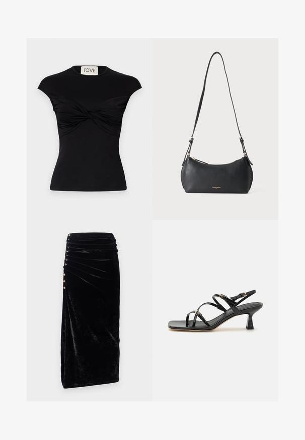 Sort kortærmet top med vridning foran og en tætsiddende silhuet. Lavet af et glat strækstof. Mærke: TOVE.; Rabanne Pencil skirt - black; Sorte lakerede sandaler med stropper, kvadratisk tå og en lav blokhæl. Udstyret med guldfarvet hardware og justerbare ankelremme.; Lille sort læder skuldertaske med justerbar rem og gyldent lynlås, med subtilt gyldent brandtekst foran.