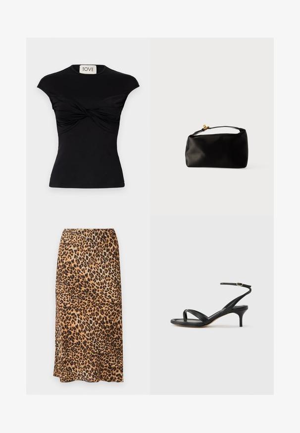 Sort kortærmet top med vridning foran og en tætsiddende silhuet. Lavet af et glat strækstof. Mærke: TOVE.; Leopardprint midi-nederdel i nuancer af brun og sort, med en glat tekstur og en slank, skræddersyet silhuet.; Sort damesandal i læder med tynde remme, en tå-loop, ankelspænde og en mellemhøj stiletthæl på en neutral baggrund.; Sort satinpung med en afrundet form, et håndtag i toppen og en guldaccentlås. Glat tekstur med et minimalistisk design.