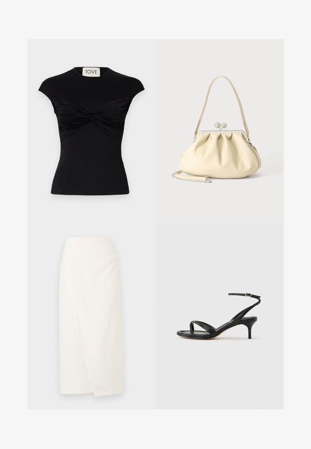 Top negro de manga corta con detalle de frente torcido y silueta ajustada. Fabricado con una tela elástica y suave. Marca: TOVE.; Falda blanca hasta la rodilla hecha de un tejido ligero, con un diseño tipo wrap y una superficie suave y texturizada. Líneas simples y limpias sin adornos.; Sandalia negra de cuero para mujer con tiras finas, un lazo para el dedo del pie, hebilla en el tobillo y tacón de aguja de altura media sobre un fondo neutro.; Bolso de mano de piel suave color crema con diseño fruncido, cierre de marco plateado, asa corta y una correa de cadena desmontable.