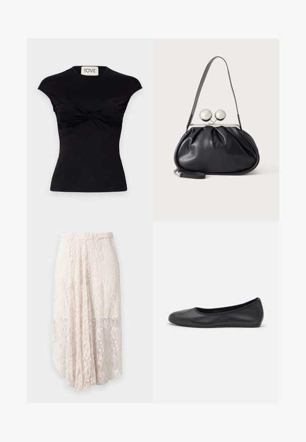 Haut noir à manches courtes avec un détail de devant torsadé et une silhouette ajustée. Fabriqué en tissu extensible et lisse. Étiquette : TOVE.; Jupe maxi en dentelle de couleur beige clair avec des motifs floraux, superposition transparente et taille élastique. Présente une silhouette fluide et superposée.; Ballerines en cuir noir avec un bout rond, texture lisse, détails de couture minimalistes et design de semelle flexible.; Sac à main en cuir noir avec un design plissé, une sangle unique, un cadre métallique argenté et deux grandes fermoirs ronds en argent.