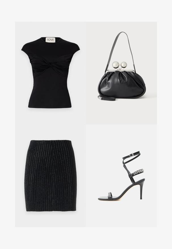 Schwarzes, kurzärmliges Oberteil mit gedrehtem Vorderteil und taillierter Silhouette. Hergestellt aus einem glatten Stretchstoff. Marke: TOVE.; Schwarzer gestrickter Minirock mit vertikaler Rippung und subtilen Metallic-Fäden. Verfügt über ein tailliertes Design und einen zentralen Rückenschlitz für Bewegungsfreiheit.; Schwarze Sandalette mit hohem Absatz, schlankem Knöchelriemen, Mittelriemen verziert mit silbernen Kettengliedern und offenem Zehendesign.; Schwarze Ledertasche mit gerafftem Design, einem einzelnen Riemen, silbernem Metallrahmen und zwei großen runden silbernen Verschlüssen.