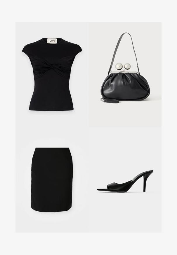 Top negro de manga corta con detalle de frente torcido y silueta ajustada. Fabricado con una tela elástica y suave. Marca: TOVE.; Falda lápiz negra con una textura suave, forma recta y dobladillo a la altura de la rodilla. Sin patrones visibles ni detalles de herrajes.; Mule de piel negra con punta abierta y tacón alto de aguja fino, mostrado de perfil sobre un fondo liso.; Bolso de mano de cuero negro con diseño fruncido, una sola correa, marco metálico plateado y dos cierres grandes redondos de plata.