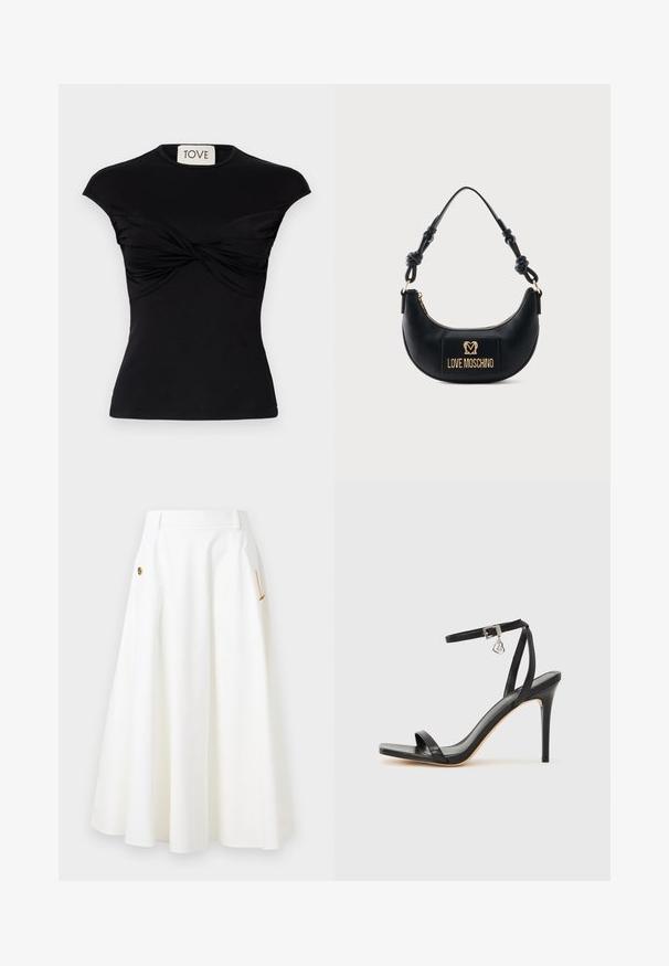 Zwarte top met korte mouwen en een gedraaide detail aan de voorkant, met een aansluitende pasvorm. Gemaakt van een soepele stretchstof. Label: TOVE.; Witte A-lijn midi rok met zijzakken, gouden ketting en decoratieve knoopdetails, en riemlussen bij de taille.; Zwarte sandaal met hoge hak, smalle enkelband, vierkante neus, soepel leermateriaal en metalen gespsluiting.; Zwarte halfmaanvormige handtas met een geknoopt handvat en een gouden "Love Moschino" logoplaatje aan de voorkant, met ritssluiting aan de bovenkant.