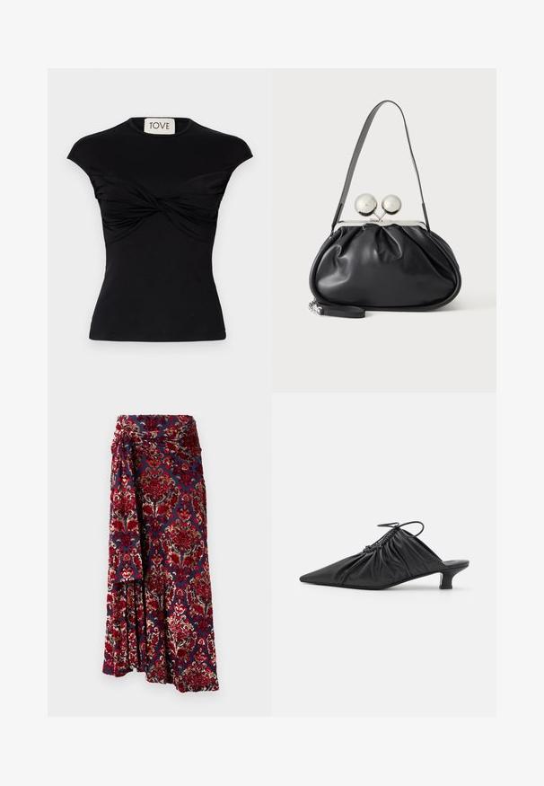 Haut noir à manches courtes avec un détail de devant torsadé et une silhouette ajustée. Fabriqué en tissu extensible et lisse. Étiquette : TOVE.; Rabanne Jupe longue - tapestry/navy/burgundy/red/cream; Mules noirs en cuir à enfiler avec un bout pointu, une texture froncée et un petit talon aiguille. Présente un détail à cordon au niveau de l'ouverture.; Sac à main en cuir noir avec un design plissé, une sangle unique, un cadre métallique argenté et deux grandes fermoirs ronds en argent.