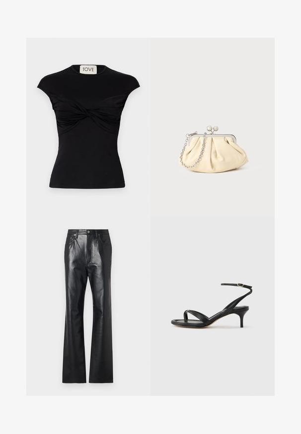 Top negro de manga corta con detalle de frente torcido y silueta ajustada. Fabricado con una tela elástica y suave. Marca: TOVE.; Pantalones de cuero negro con una textura suave, diseño de pierna acampanada, cremallera frontal y pasadores para cinturón. Presentan sutiles detalles en la costura.; Sandalia negra de cuero para mujer con tiras finas, un lazo para el dedo del pie, hebilla en el tobillo y tacón de aguja de altura media sobre un fondo neutro.; Clutch de cuero beige plisado con un marco de metal plateado, que cuenta con dos broches decorativos redondos y una correa de cadena plateada.
