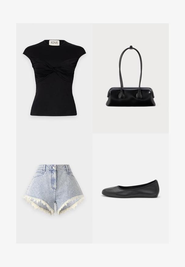 Schwarzes, kurzärmliges Oberteil mit gedrehtem Vorderteil und taillierter Silhouette. Hergestellt aus einem glatten Stretchstoff. Marke: TOVE.; Hellblaue Denim-Shorts mit einem ausgefransten Saum und weißen Akzenten, ausgestattet mit einem vorderen Knopfverschluss und zwei Gesäßtaschen.; Schwarze Leder-Ballettschuhe mit abgerundeter Spitze, glatter Textur, minimalen Nähdetails und einem flexiblen Sohlen-Design.; Schwarze Lederhandtasche mit zwei langen Griffen, glatter Textur und einer abgerundeten Basis mit dekorativen Akzenten an den Seiten.