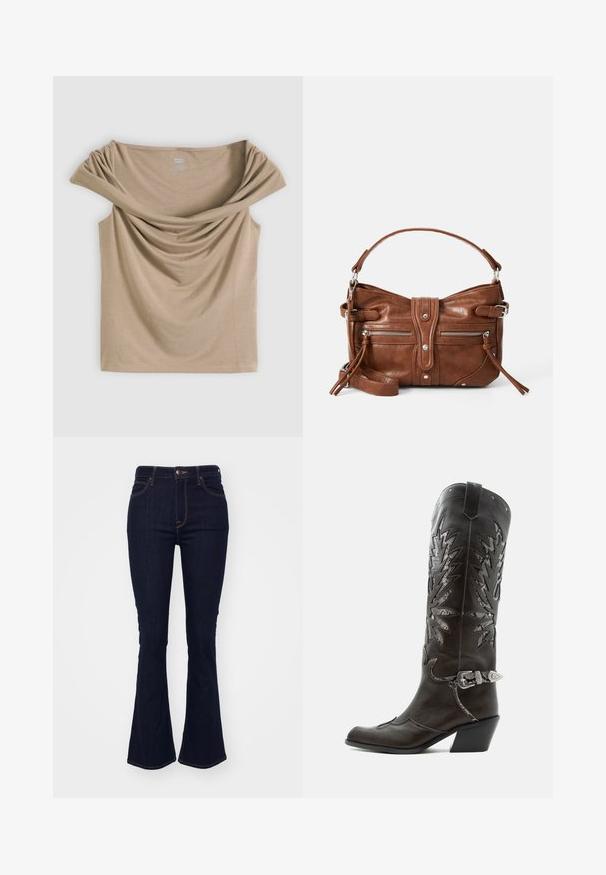 Beige ærmeløs top med en bred, draperet off-shoulder halsudskæring lavet af blødt, letvægtsstof.; Mørkeblå, vide jeans lavet af denim, med høj talje, fem-lomme design og kontrasterende orange syninger langs sømmene.; Sort læder cowboystøvle med dekorative udskæringer, sølvspænde og skrå hæl, vist på hvid baggrund.; Brun læderhåndtaske med en rund form, to frontlommer med lynlås og en aftagelig skulderrem. Udstyret med hardware og syninger i sølvfarve.