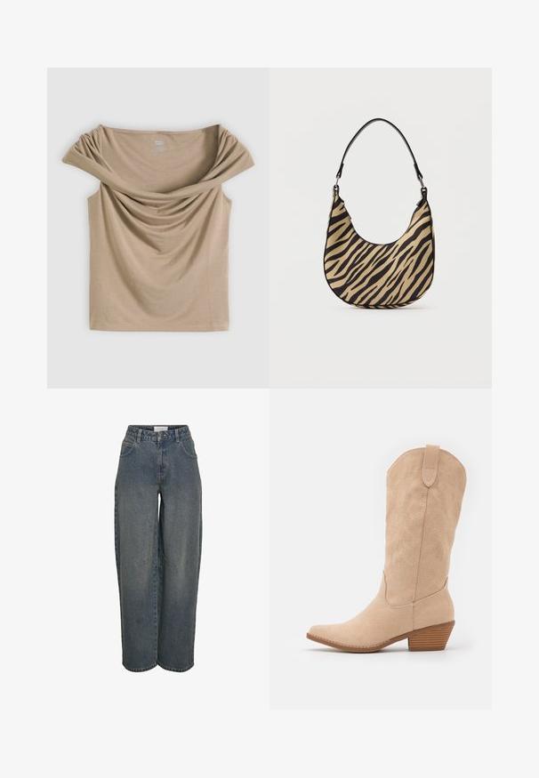 Beige hihaton yläosa, jossa leveä, varjoon laskeutuva off-shoulder-kaulus, valmistettu pehmeästä ja kevyestä kankaasta.; Laivakangasta, tummansinisiä leveälahkeisia farkkuja, jotka on valmistettu teksturoidusta puuvillakankaasta. Ominaisuuksia ovat etutaskut ja vetoketjukiinnitys, jossa on nappisuljenta.; Beige mokkasiinibootit, joissa on terävä kärki ja hieman teksturoitu siluetti. Sisältää koristeellista ompelua ja matalan pinottavan korot.; Beige ja musta zebra triibuline õlakott, millel on kumer põhi ja üks must käepide, pildistatud lihtsa valge tausta ees.