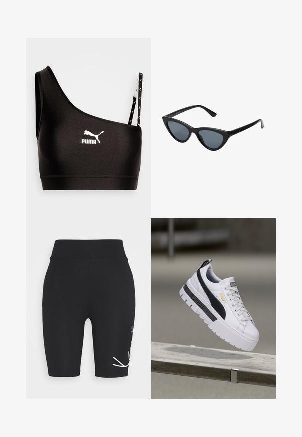 Soutien-gorge de sport noir avec une bretelle, arborant un logo Puma blanc. Tissu lisse et extensible avec un design élégant et des détails de bretelle contrastés.; Shorts de vélo noirs en jersey avec une taille haute, ornés de détails brodés blancs sur le devant, texture lisse et design ajusté.; Baskets à plateforme blanches Puma avec bande noire et logo doré, flottant au-dessus d'un banc en béton en extérieur.; Lunettes de soleil noires en forme d'œil de chat avec des verres gris foncé, monture en plastique élégante, coins pointus et branches droites. Pas de métal visible ni d'accents.