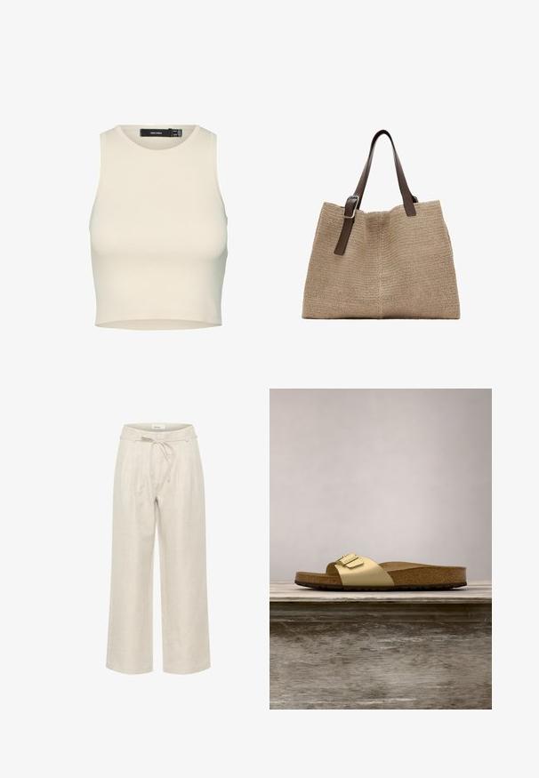 Cremefarvet ribbestrikket crop top med rund halsudskæring og ærmeløst design, der har en glat tekstur og enkel skæring.; Beige linned brede bukser med elastisk talje og frontfolder, i en glat tekstur og ankellængde.; Gyldne syntetiske slidesandaler med en enkelt rem og spændeaccent, der har en brun korksål og en tekstureret gummisål.; Beige vævet taske med to mørkebrune justerbare læderremme og en sølvspænde på den ene rem.
