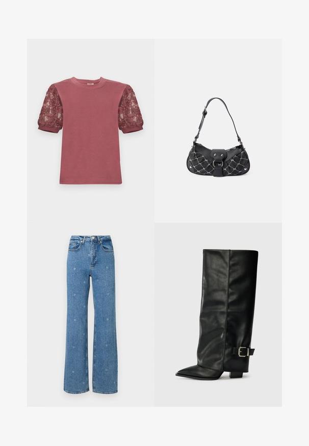Haut mauve côtelé avec encolure ronde et manches bouffantes transparentes ornées de broderies florales et ourlets à revers.; Jeans bleu taille haute à jambes droites avec de petites broderies florales blanches éparpillées sur le tissu.; Bottes noires en cuir longueur cheville avec un bout pointu, texture lisse et une accent en boucle argentée sur le côté. Talon carré épais.; Sac à main noir avec texture matelassée, doté de quincaillerie en argent, d'une forme incurvée et d'une seule bandoulière réglable. Fermeture zippée sur le dessus.
