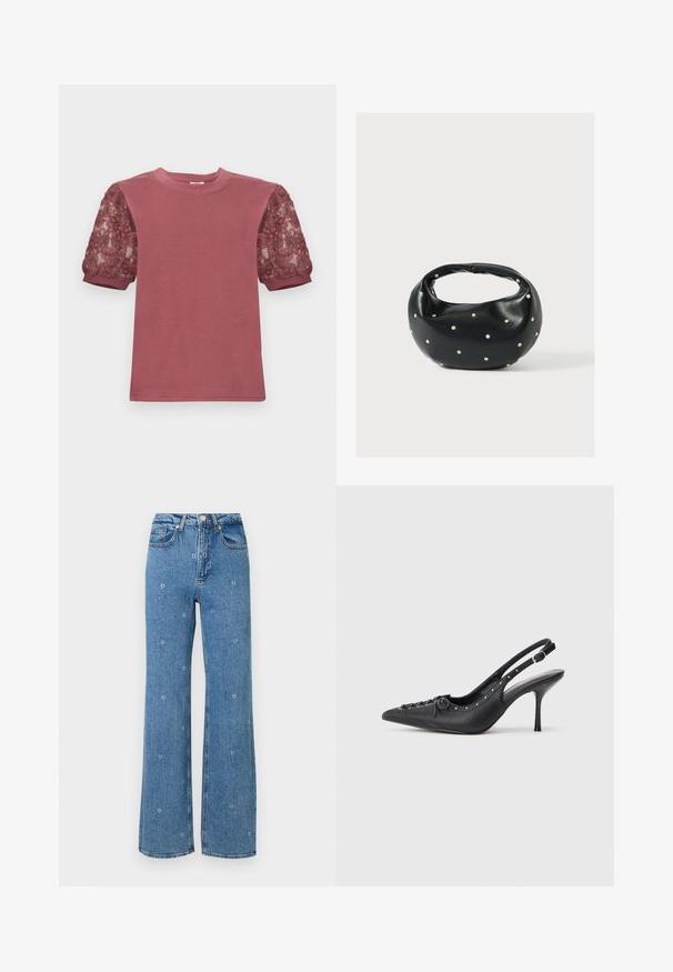Ribbet malva top med rund halsudskæring og gennemsigtige pufærmer med blomsterbroderi og manchetter.; Blå høj talje lige ben jeans med små hvide blomsterbroderier spredt over stoffet.; Sorte læder slingback stiletto med spids tå, side spændebånd, nitter langs kanten og dekorativ snøring foran.; Sort læderhåndtaske med en rundet form, dekoreret med sølvnitter, og et kort håndtag. Glat tekstur og lynlåslukning.