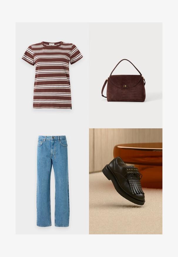 T-shirt marron à rayures avec des rayures blanches horizontales, manches courtes et col rond classique en coton doux.; Jeans en denim bleu clair avec une coupe ample, présentant une taille haute, quatre poches et une fermeture éclair. Design classique à cinq poches.; Chaussure en cuir noire à lacets avec franges décoratives et clous métalliques posée sur un tapis beige près d'un meuble marron.; Sac à main en daim marron avec une seule poignée supérieure, fermeture à rabat et fermoir à verrou doré sur un fond clair uni.