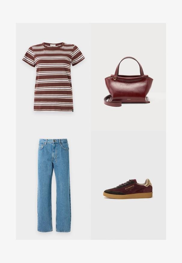 Brun stribet t-shirt med horisontale hvide striber, korte ærmer og en klassisk rund halsudskæring lavet af blød bomuld.; Lyseblå denimjeans med løs pasform, høj talje, fire lommer og lynlås. Klassisk fem-lomme design.; Suedestøvler i mørk bordeaux og brun med guld accenter. Har en struktureret overdel, præget logo og en gummisål.; Mørkerød lædertaske med to håndtag øverst, aftagelig skulderrem, guldfarvet hardware og mærkenavnet Wandler på forsiden i midten.