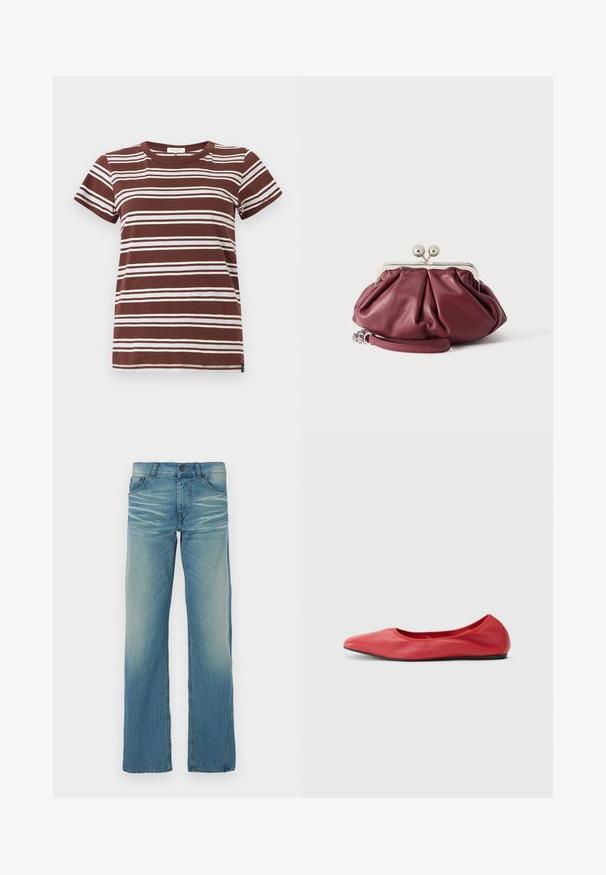 Braun gestreiftes T-Shirt mit horizontalen weißen Streifen, kurzen Ärmeln und einem klassischen Rundhalsausschnitt aus weicher Baumwolle.; Helles blaues Denim-Jeans mit geradem Bein, verwaschenem Finish, fünf Taschen und Knopfverschluss. Sichtbare Nähte setzen Akzente.; Filippa K REY FLATS - Klassischer Ballerina - bright red; Kleine bordeauxrote Leder-Clutch mit silbernem Metallverschluss und Handgelenksriemen auf weißem Hintergrund.