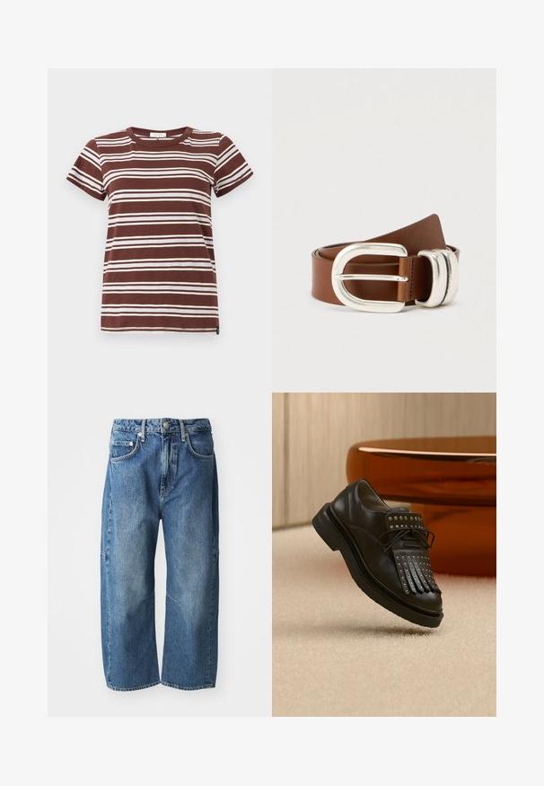 T-shirt marron à rayures avec des rayures blanches horizontales, manches courtes et col rond classique en coton doux.; Jeans en denim bleu avec une coupe décontractée à jambes larges, dotés de poches avant, d'une fermeture à bouton et à glissière, et d'un léger délavage au niveau des genoux.; Chaussure en cuir noire à lacets avec franges décoratives et clous métalliques posée sur un tapis beige près d'un meuble marron.; Ceinture en cuir marron avec une large boucle en métal argenté. La ceinture présente une texture lisse et un design classique avec des détails cousus.