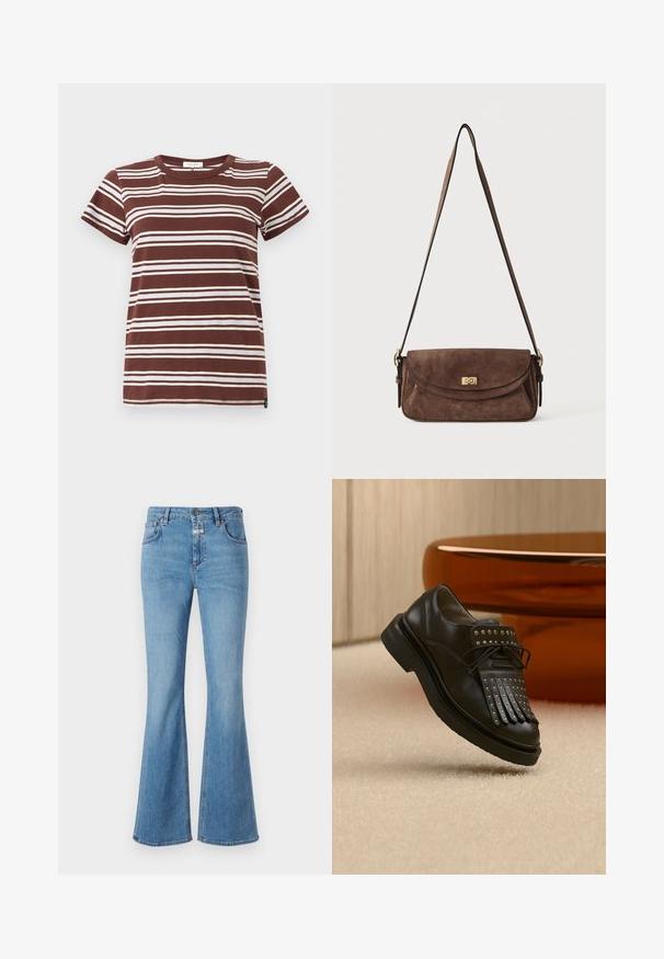 Brun stribet t-shirt med horisontale hvide striber, korte ærmer og en klassisk rund halsudskæring lavet af blød bomuld.; CLOSED JOVANNA - Jeans Bootcut - light blue; Sort læder snøresko med dekorativ frynse og metalnitter placeret på beige tæppe nær brunt møbel.; Brun ruskind skuldertaske med en lang, justerbar strop og en guldfarvet drejelås på frontklappen.