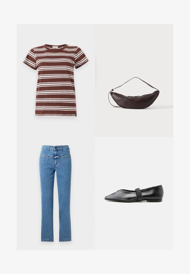 Brun stribet t-shirt med horisontale hvide striber, korte ærmer og en klassisk rund halsudskæring lavet af blød bomuld.; Lysblå denimjeans med lige ben, høj talje og to forlommer. Har knaplukning og mærkegenkendelse nær kanten.; Sort læder flad sko med en rynket rem over toppen og en let spids tå, vist mod en ensfarvet baggrund.; Mørkebrun læder skuldertaske i halvmåneform med buet rem og synlige syninger på ensfarvet baggrund.