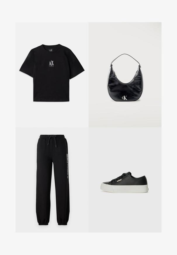 Must musta t-särk lühikeste varrukatega ja ümmarguse kaelusega. Rinnal on keskel valge logo. Lihtne, minimalistlik disain.; Mustad mustad pant, millel on elastne vöökoht, reguleeritav nöör ja kitsad lõpposad. Vasakul küljel on valge logo.; Musta nahkne tennisjalats sileda pinnaga, valge kummist tallaga, ümmarguse ninaga ja kuue musta paelaaukuga. Omab väikest metallilist logodetaili.; Mustast nahast poolkuu-kujuline käekott, lühikese rihmaga ja ees hõbedane "cK" logo, peal tõmblukk.