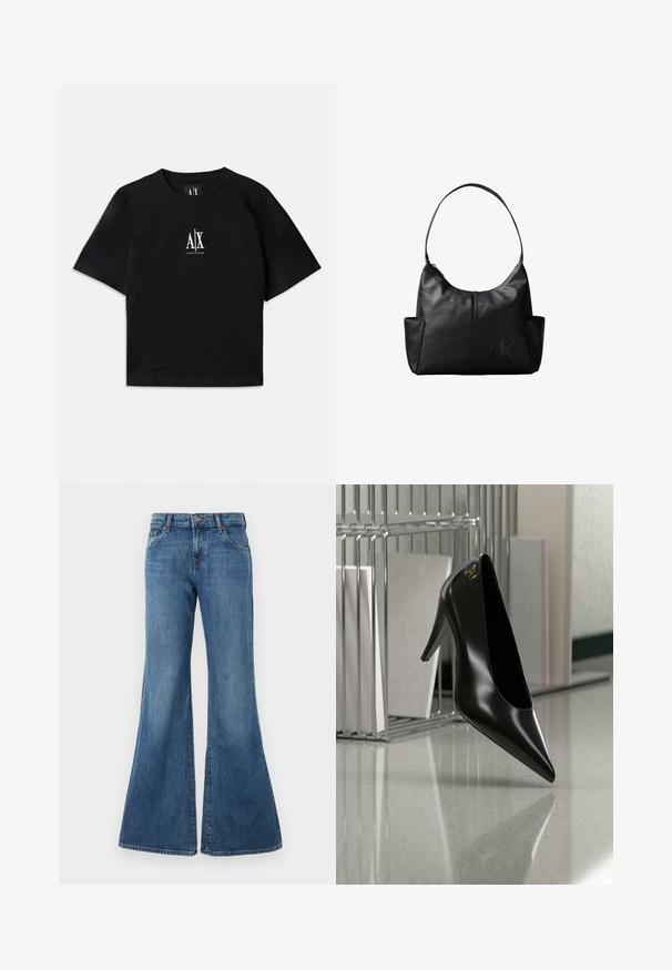 Schwarzes Baumwoll-T-Shirt mit kurzen Ärmeln und Rundhalsausschnitt. Mit einem weißen Logo, das zentral auf der Brust platziert ist. Einfaches, minimalistisches Design.; Ausgestellte Jeans aus Denim in mittlerem Blauton mit klassischem Fünf-Taschen-Design, Gürtelschlaufen und Knopfverschluss. Glatte Textur mit subtilen Verfärbungen.; Schwarzer High-Heel-Schuh mit spitzer Zehe und goldem Logo, auf einer reflektierenden Oberfläche nahe einem verchromten Draht-Organizer mit Dokumenten positioniert.; Schwarze Leder-Umhängetasche mit einem einzelnen Schulterriemen, Seitentaschen und einem dezent geprägten Calvin Klein-Logo vorne unten rechts.