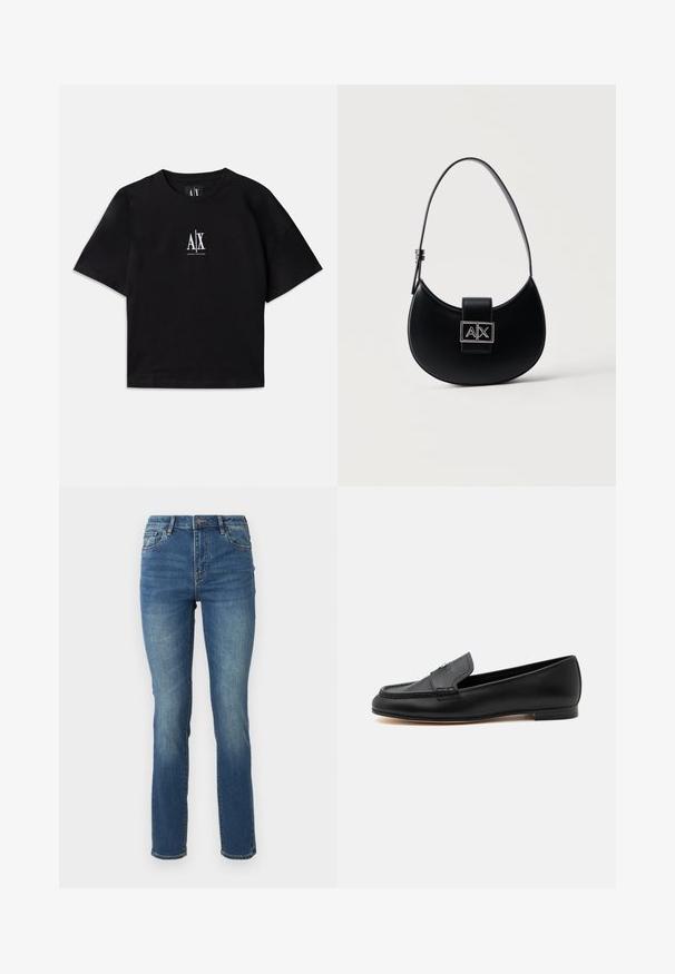 Sort bomulds T-shirt med korte ærmer og rund hals. Har et hvidt logo centreret på brystet. Enkel, minimalistisk design.; Mellem-høje, blå denim jeans med lige ben, der har en glat tekstur, subtil falming og klassisk fem-lomme design med knaplukning.; Sort læderloafer med lav hæl, syninger og en lille metallisk detalje på vristen.; Sort halvmåneformet taske med en enkelt justerbar rem og en sølvfarvet A|X-logo-lås på frontklappen.