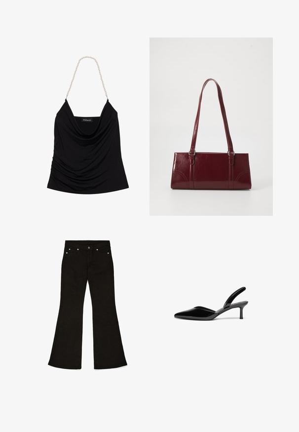 Sort draperet tanktop med en løstsiddende halsudskæring og tekstureret stof. Har perlekædestrapper og et logomærke indeni.; Sorte flared jeans lavet af bomuld. Har en knap- og lynlåslukning, fem lommer og hardware i sølvfarve. Glat tekstur.; Sorte patentlæder slingback hæle med spids tå, lav stiletto hæl og et elegant, enkelt design uden pynt.; Bordeaux håndtaske lavet af glansfuldt materiale, rektangulær form, med to skulderremme og subtile buede detaljer på forsiden.