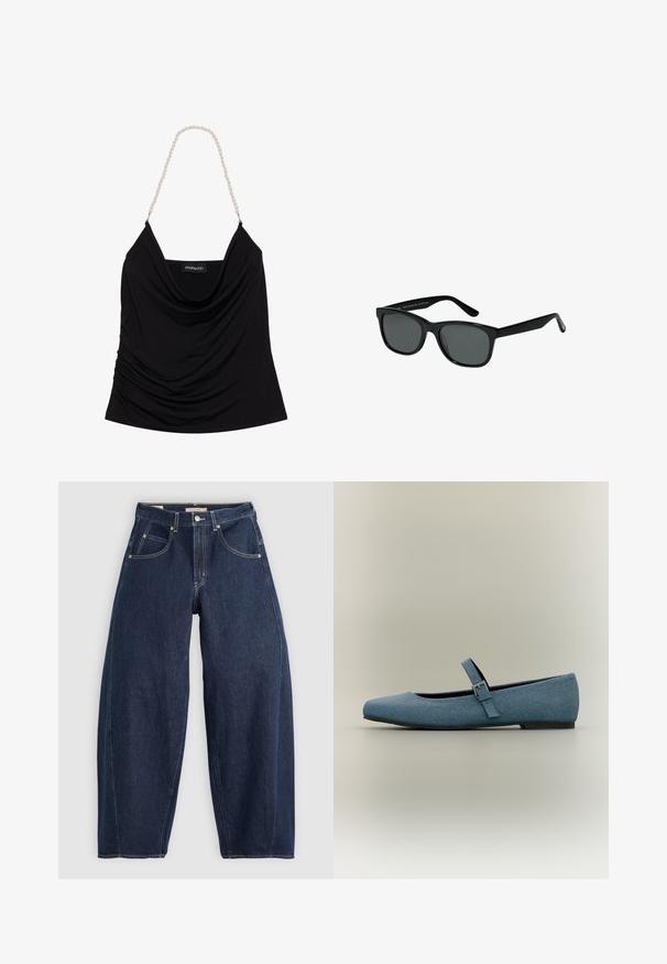 Schwarzes, drapiertes Tanktop mit einem Wasserfall-Ausschnitt und strukturiertem Stoff. Verfügt über Perlenkettenträger und ein Logoschild im Inneren.; Dunkelblaue Denim-Jeans mit lockerer Passform, heller Naht, fünf Taschen und einem Knopfverschluss am Bund.; Blauer Ballettflachschuh aus Stoff mit einem dünnen verstellbaren Riemen und einer kleinen silbernen Schnalle, flacher Sohle und abgerundetem Schuhspitz, präsentiert auf neutralem Hintergrund.; Schwarze Kunststoff-Sonnenbrille mit dunklen Gläsern, rechteckigem Rahmen, flachem Oberteil und robusten Bügeln. Wenig Branding auf der Innenseite des Bügels.