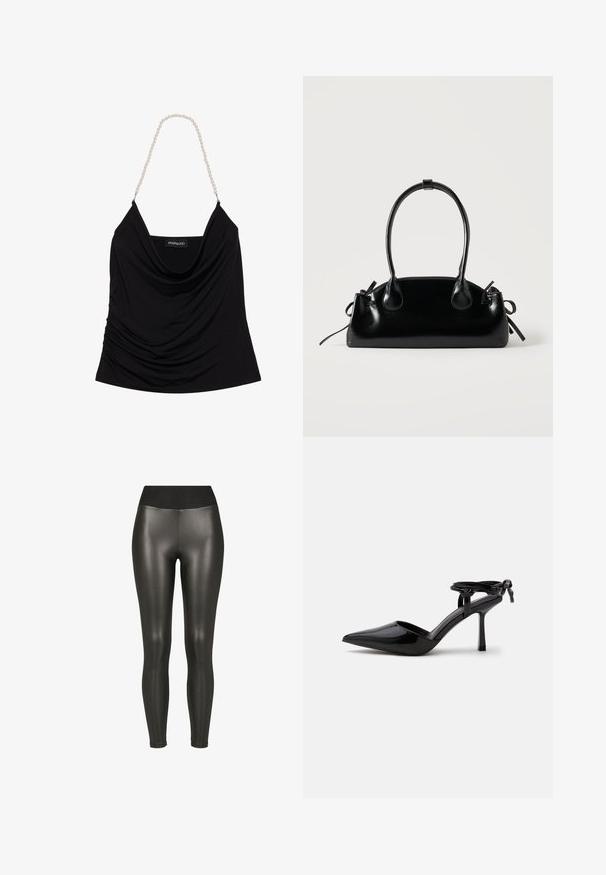 Sort draperet tanktop med en løstsiddende halsudskæring og tekstureret stof. Har perlekædestrapper og et logomærke indeni.; Sorte højtaljede leggings i kunstlæder med en glat, skinnende finish og ankellængde på en hvid baggrund.; Sort laklæder højhælet sko med spids tå og ankrem bundet i en knude bagpå, vist på en ensartet hvid baggrund.; Lille sort blank håndtaske med to lange håndtag og snøre-detaljer i siden på en ensfarvet lys baggrund.