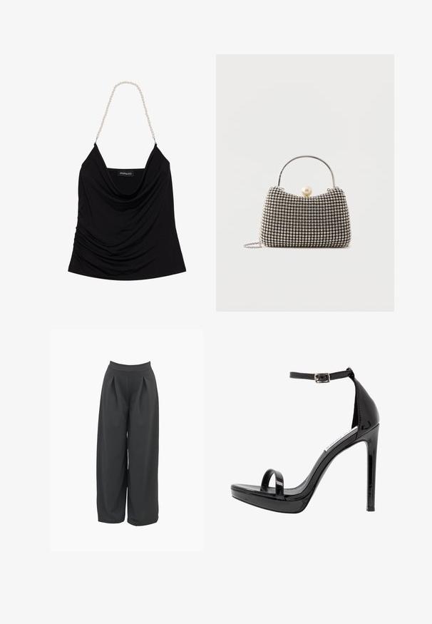 Débardeur noir drapé avec un col en cowl et un tissu texturé. Doté de bretelles en chaîne de perles et d'une étiquette logo à l'intérieur.; Pantalons évasés en gris foncé, avec une taille haute, des plis avant et une texture de tissu lisse. Conception ajustée avec une coupe décontractée.; Steve Madden MILANO - Sandales à talons hauts - black; Petit sac à main avec motif à carreaux argenté, poignée incurvée, grande fermeture à perle et une fine bandoulière en chaîne argentée sur un fond uni.