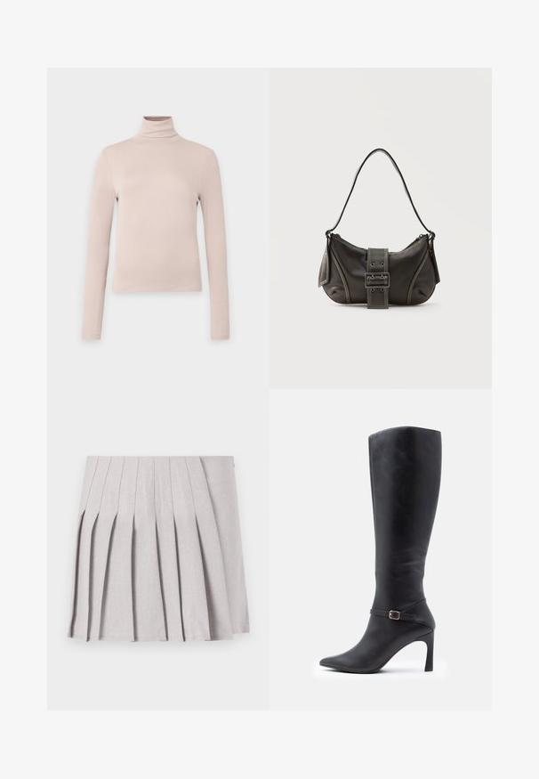 Lys beige langærmet turtleneck top, lavet af glat strækstof, med en tætsiddende pasform og høj krave. Ingen synlige mønstre eller accenter.; Grå plisseret nederdel med en glat tekstur, der har flere lodrette folder og en tætsiddende talje. Fremstillet af letvægtsstof.; Sort læderknæhøj støvle med spids tå, stilettohæl og en dekorativ ankelrem med en guldbeslag.; Sort læder skuldertaske med spænde på remmen, afrundede kanter og kontrasterende hvide syninger på en ensfarvet baggrund.