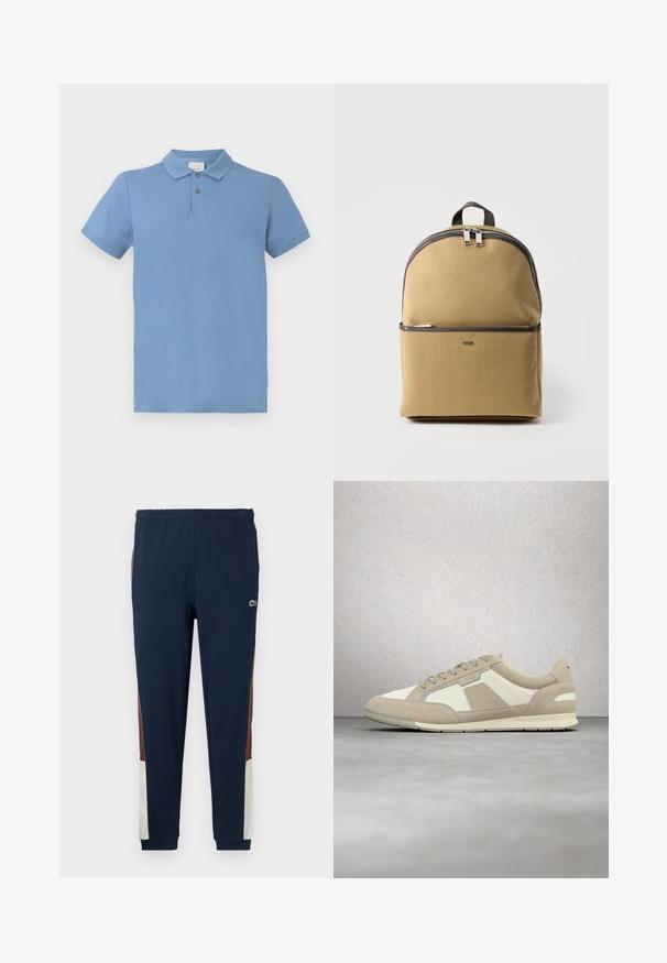 Hellblaues Poloshirt aus Baumwolle, mit einer Knopfleiste mit drei Knöpfen, kurzen Ärmeln und einem dezenten auf der Brust gestickten Logo.; Navy Jogginghose aus weichem Stoff, mit braunen und cremefarbenen Seitenpaneelen, elastischem Bund und kleinem Logo auf der Vorderseite.; Beige-weißer Freizeitschuh mit Schnürsenkeln, aus Wildleder- und Lederpaneelen, schwebt über einem polierten Betonboden neben Glasbausteinen.; Beiger Stoffrucksack mit vorderer Reißverschlusstasche, schwarzer Zierleiste, Doppelreißverschluss, Tragegriff oben und kleinem silbernem "BOSS"-Logo auf der Vordertasche.