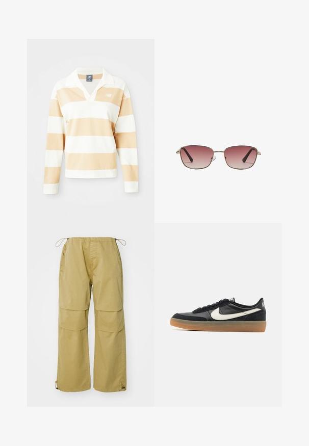 Polo à manches longues en rayures blanches et beige clair. Doté d'un col, d'un tissu doux et d'un petit logo sur la poitrine gauche.; Pantalons cargo en kaki, dotés de jambes larges, d'une taille élastique, de poches avant et de poignets ajustables à cordon. Fabriqués en tissu léger.; Chaussure de sport noire avec une tige en cuir texturé, logo swoosh blanc et semelle en caoutchouc gomme. Design à lacets avec rembourrage au niveau du col.; Lunettes de soleil rectangulaires avec une fine monture en métal doré et des verres dégradés teintés rose, embouts de branches noirs visibles, centrées sur un fond blanc.