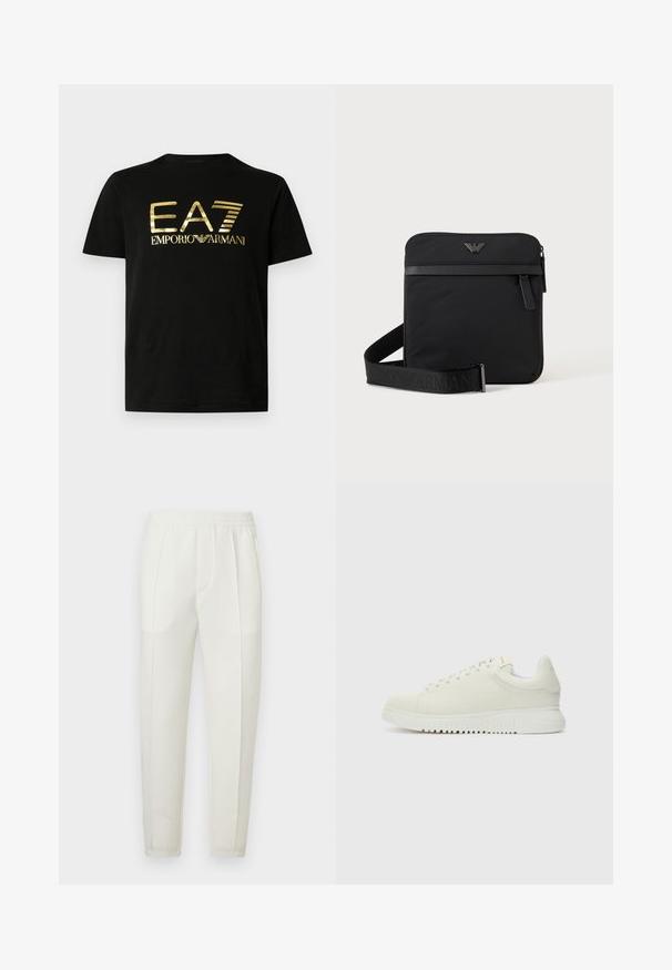 T-shirt noir en coton avec un imprimé doré brillant "EA7" et "emporio armani" sur le devant, dans une police audacieuse et moderne. Manches courtes.; Pantalon blanc coupe slim avec une taille élastique, doté de deux poches latérales et d'une texture lisse légèrement brillante.; Baskets blanches en cuir avec un dessus texturé, bout rond, semelle plate blanche et lacets ton sur ton. Marque discrète sur la languette.; Sac bandoulière carré noir avec fermeture éclair, poche avant et sangle réglable avec nom de marque embossé.